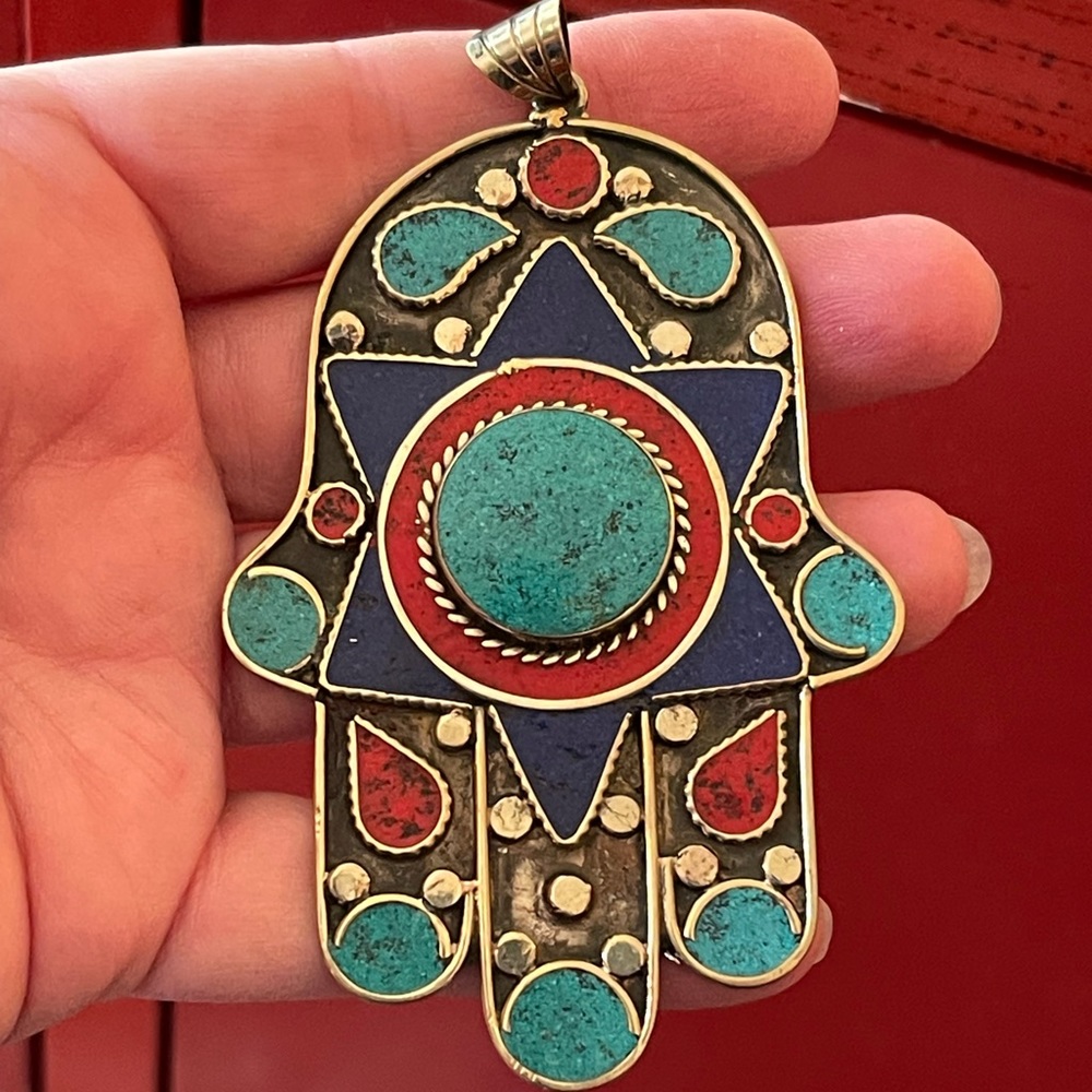 Ethnic Gemstone Tibetan silver Hamsa pendant - Picture 7 of 8